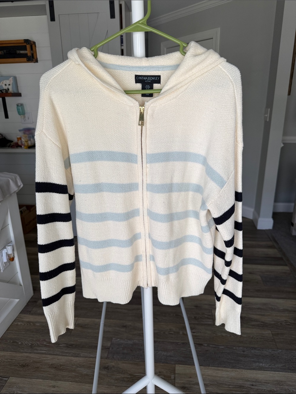 Cynthia Rowley Cream Hoodie Cardigan with Light Blue and Black Stripes